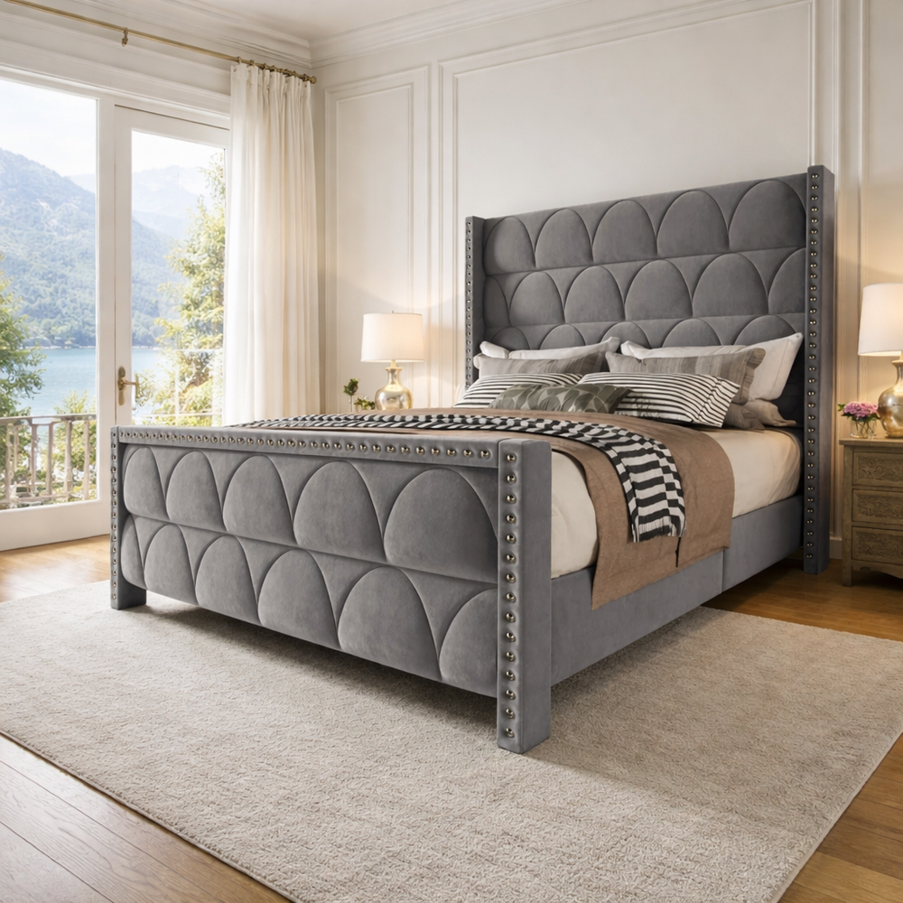 grey upholstered bed modern bedroom