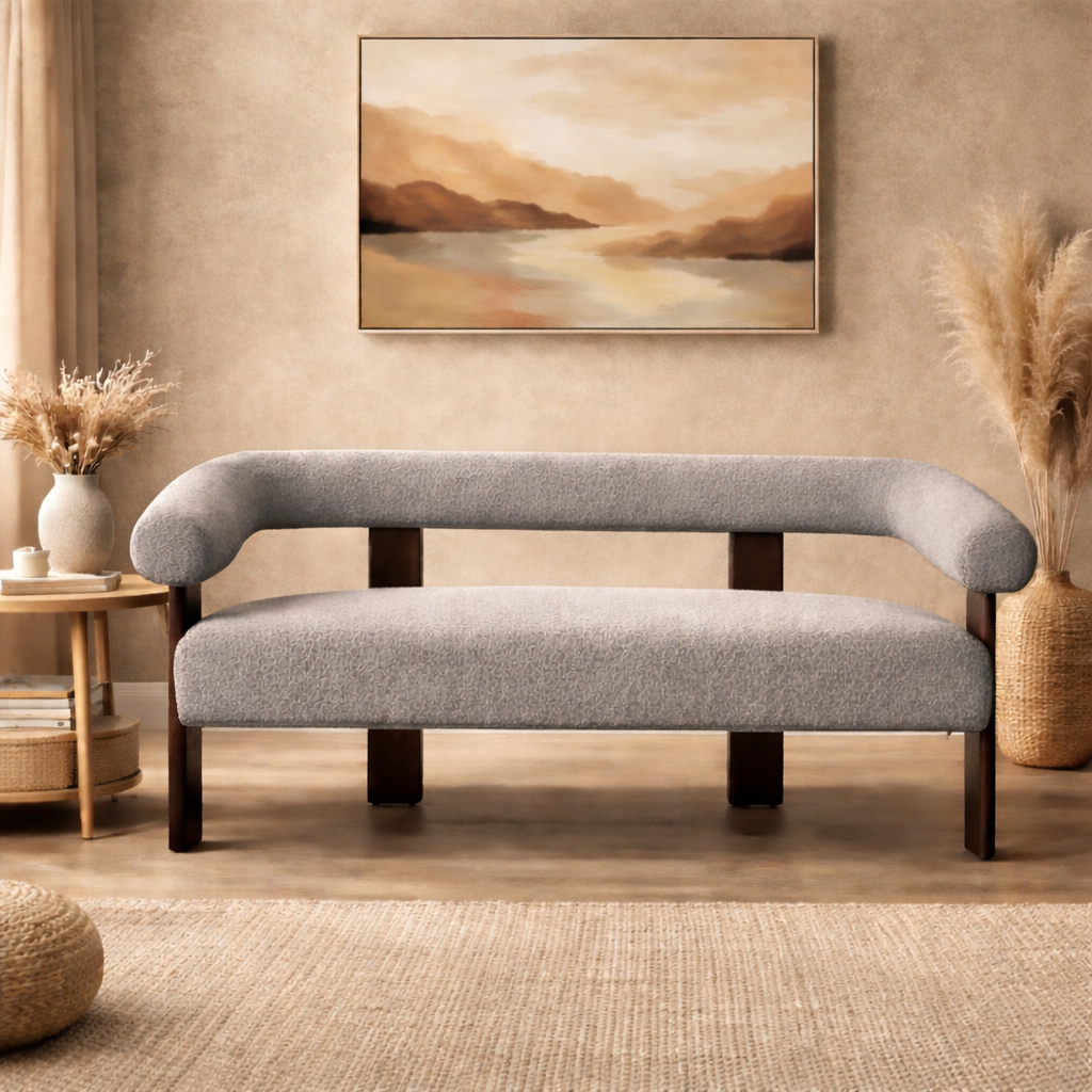 Luxury Teak Wood Bouclé Sofa Set – 2 Seater & 3 Seater Modern Designer Couch