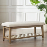Wooden entryway bench with shoe storage shelf