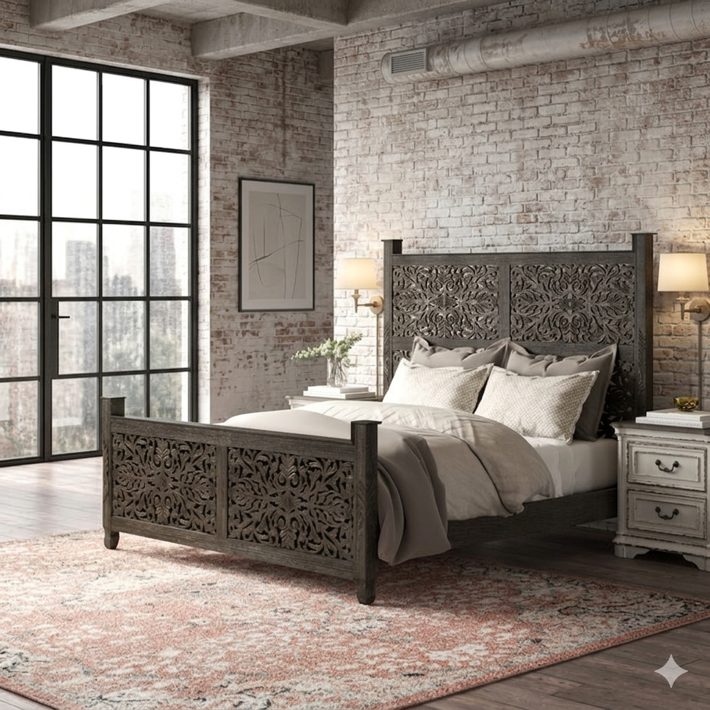 ​Hand-carved mandala wood bed frame in industrial loft.