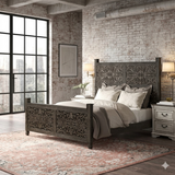​Hand-carved mandala wood bed frame in industrial loft.