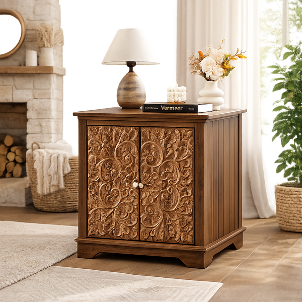 Hand-carved solid teak wood bedside cabinet with floral doors