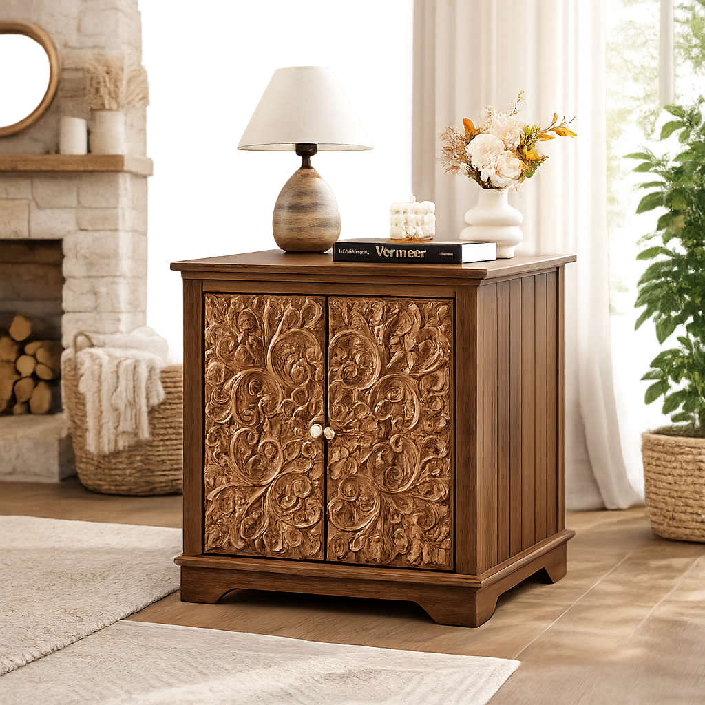 Hand-carved solid teak wood bedside cabinet with floral doors