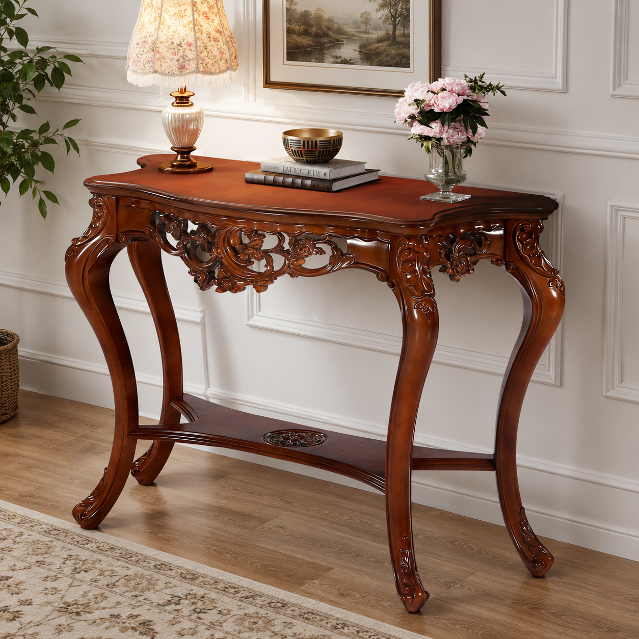 Luxury solid teak wood hallway console table with floral carvings
