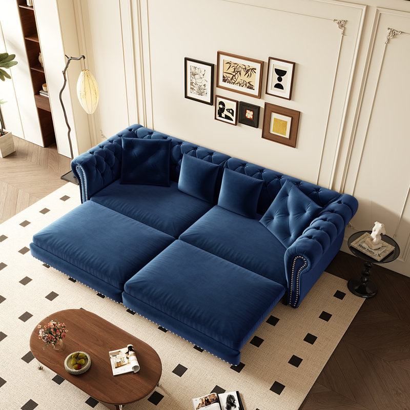Designer blue velvet sofa and ottoman furniture set