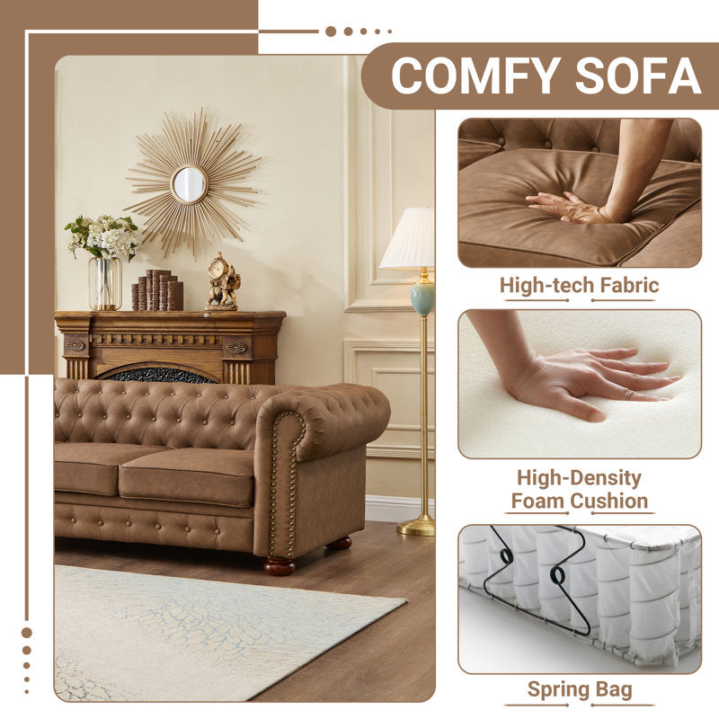 Traditional button-tufted sofa with solid teak wood frame