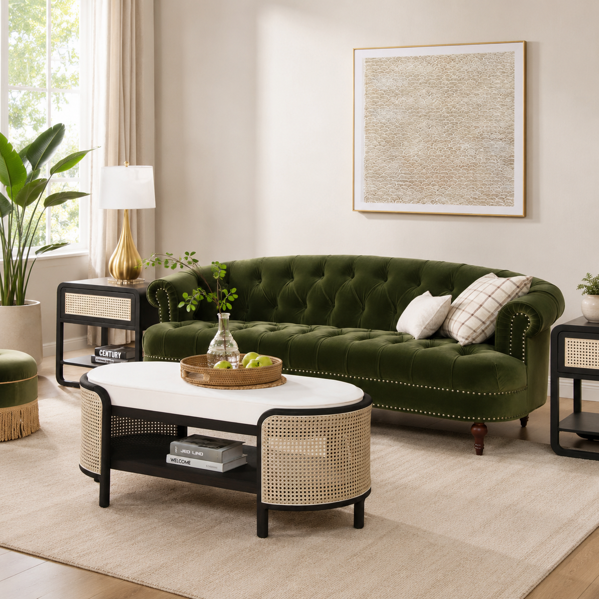 Luxury green velvet Chesterfield sofa with solid teak wood frame