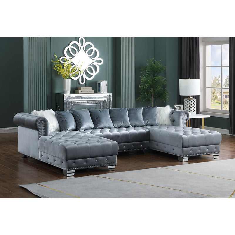 Handcrafted teak wood velvet sofa with tufted upholstery