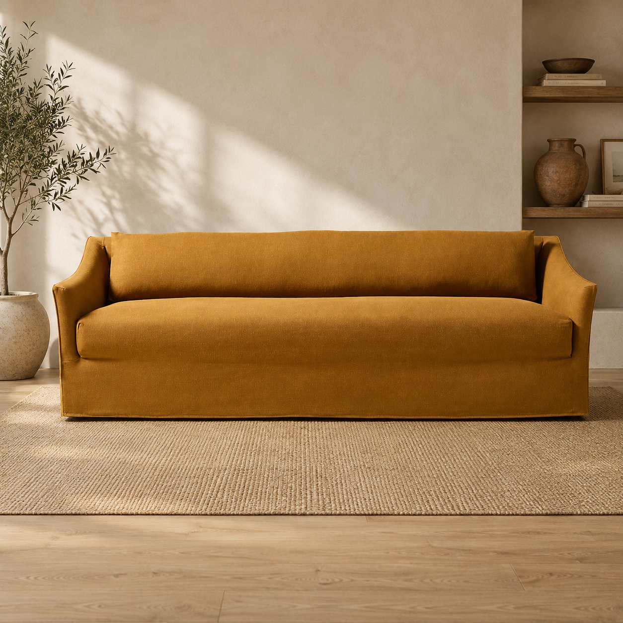 Luxury mustard fabric sofa with solid teak wood frame