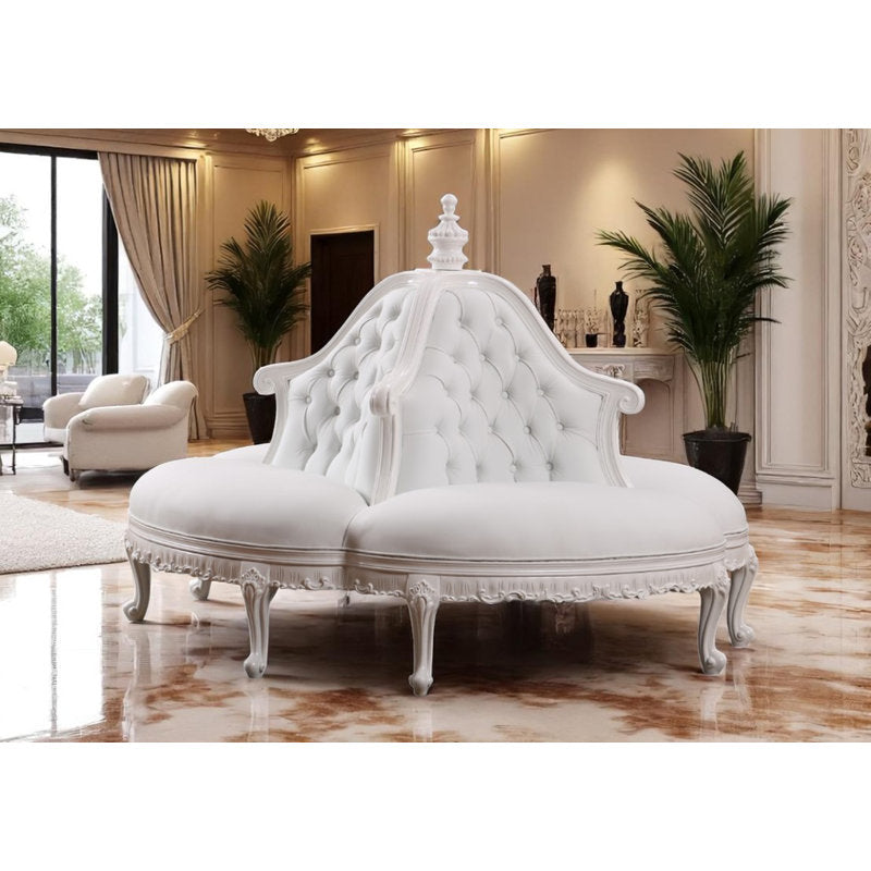 Premium white round luxury sofa with button tufted backrest and solid teak wood frame for elegant living room interiors.