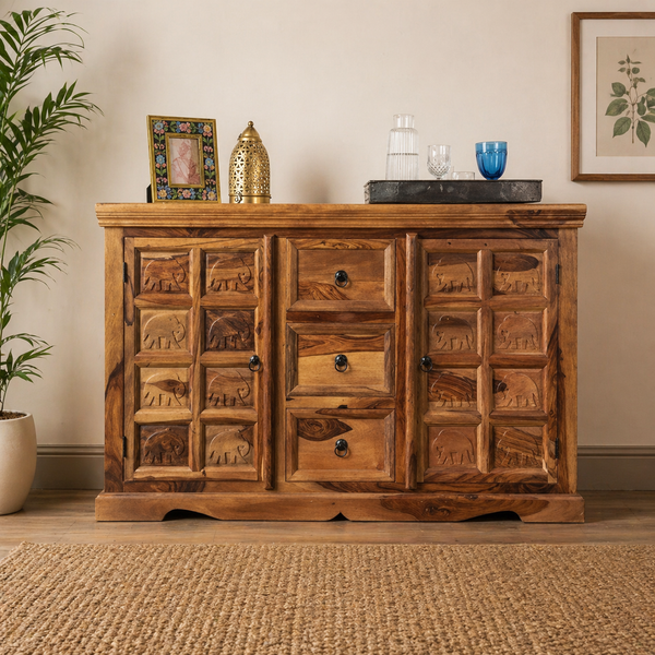 Handcrafted Sheesham wood elephant carved sideboard cabinet
