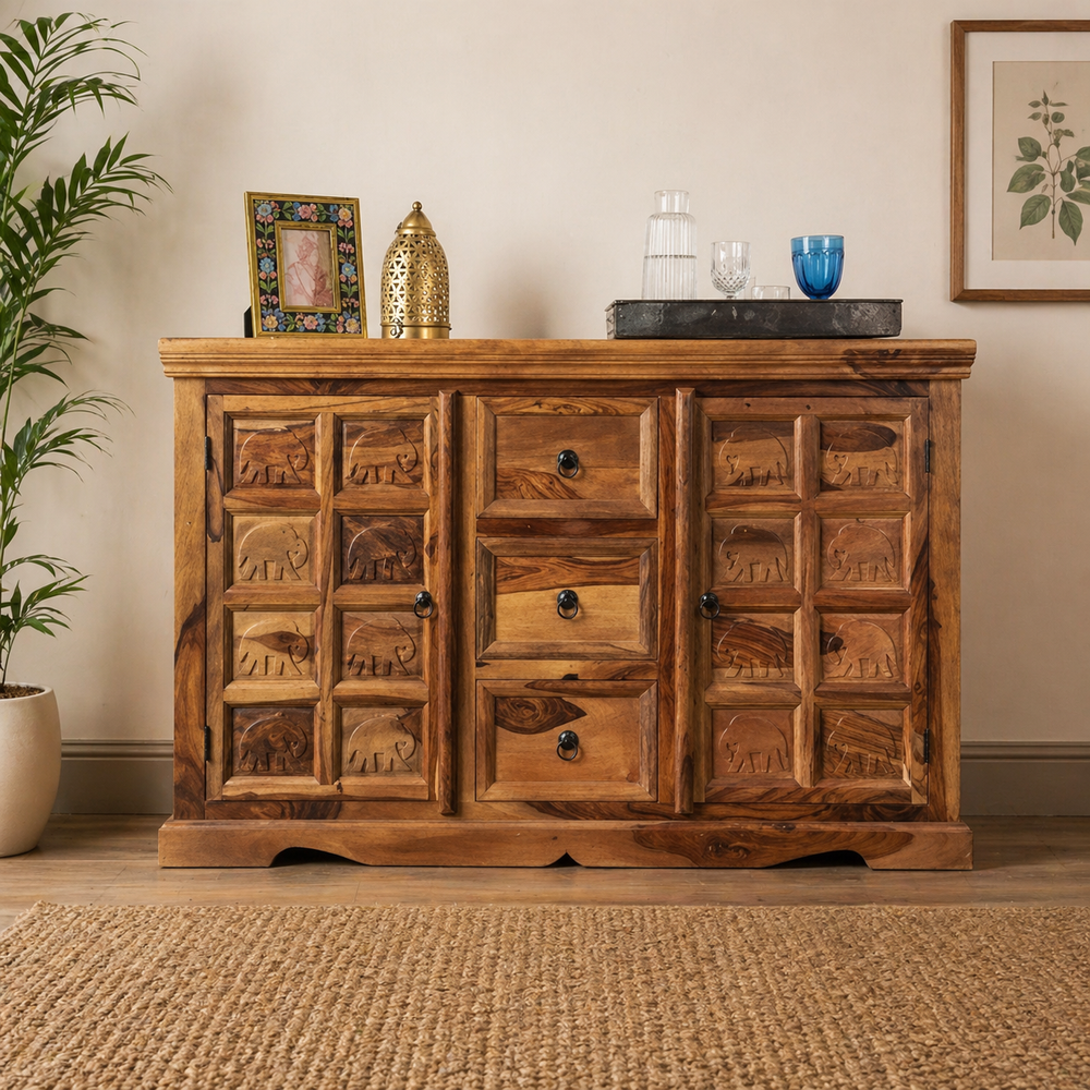 Handcrafted Sheesham wood elephant carved sideboard cabinet
