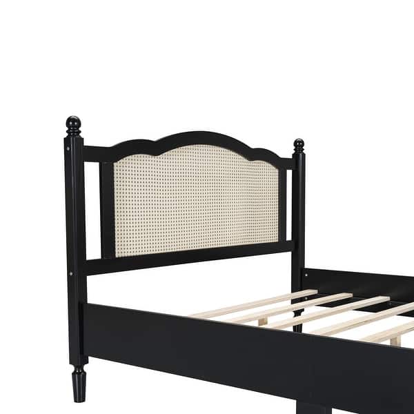 Rattan headboard wooden bed for bedroom