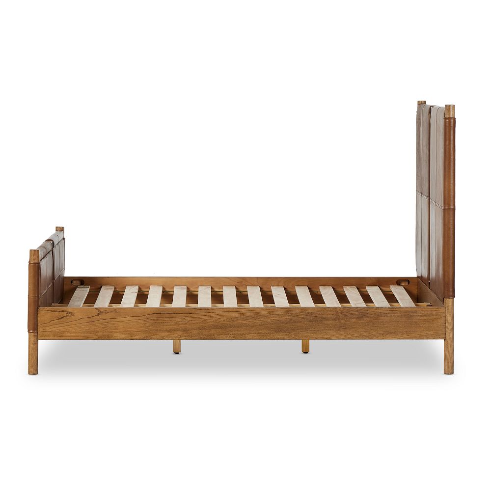 Elegant teak wood bed with padded headboard