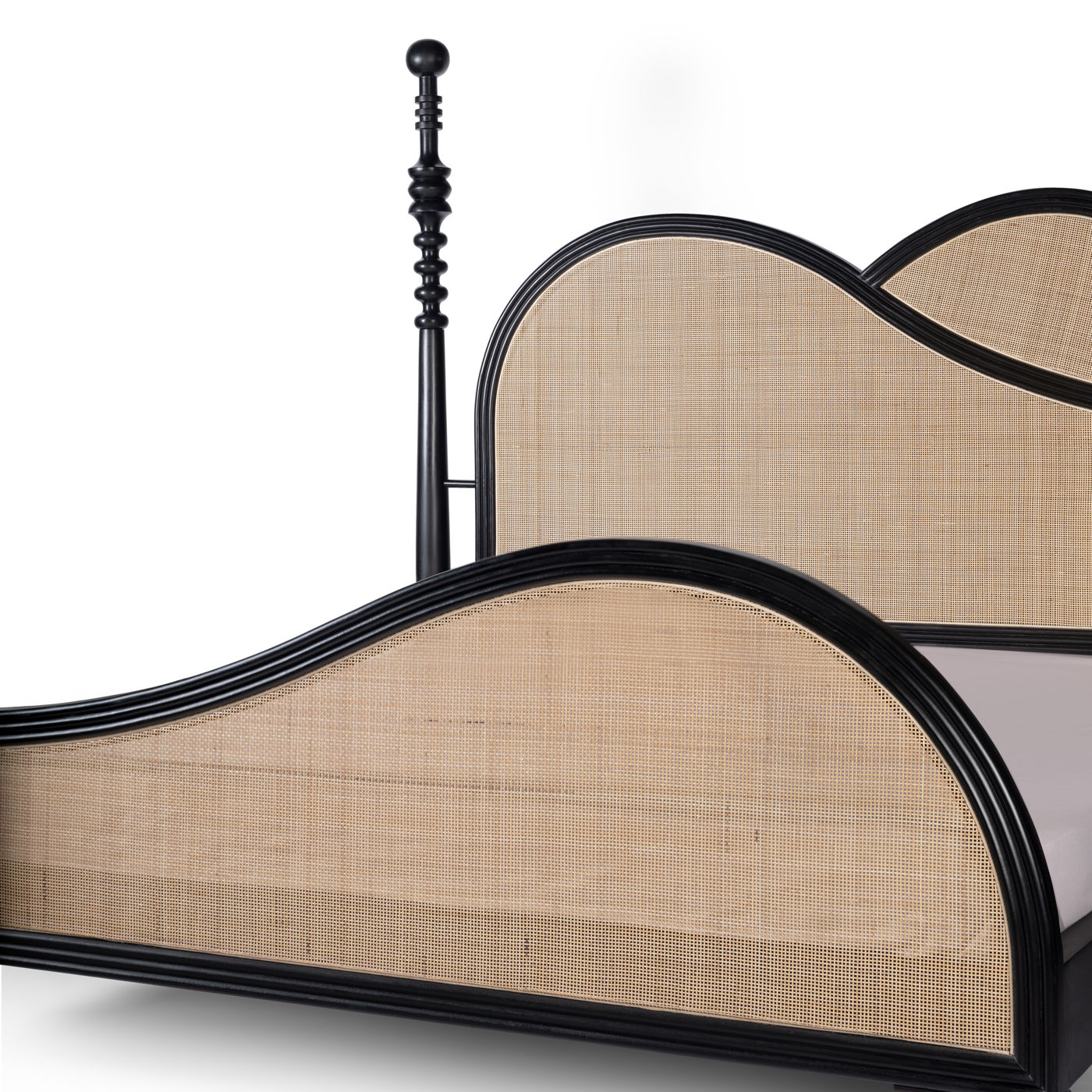 Designer solid teak wood bed with woven cane panel and elegant wave silhouette