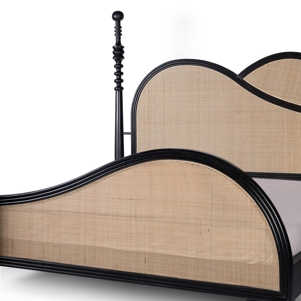 Designer solid teak wood bed with woven cane panel and elegant wave silhouette