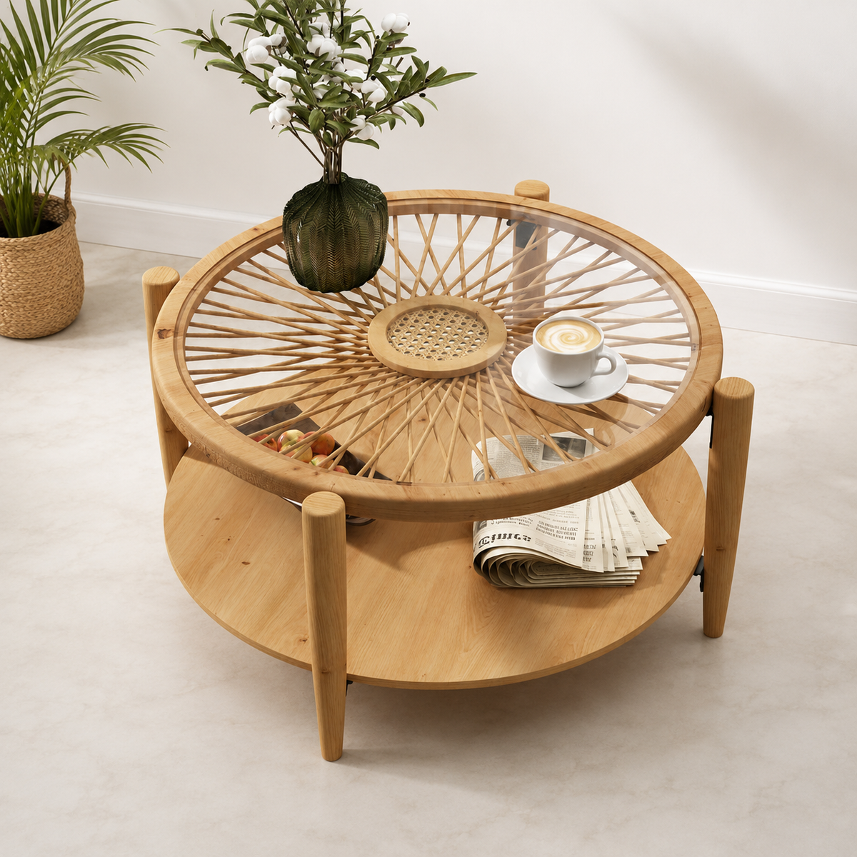 Round teak wood coffee table with glass top