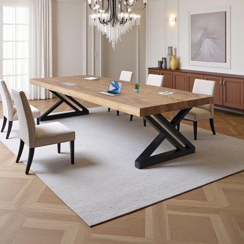 Contemporary wooden dining table with metal cross legs
