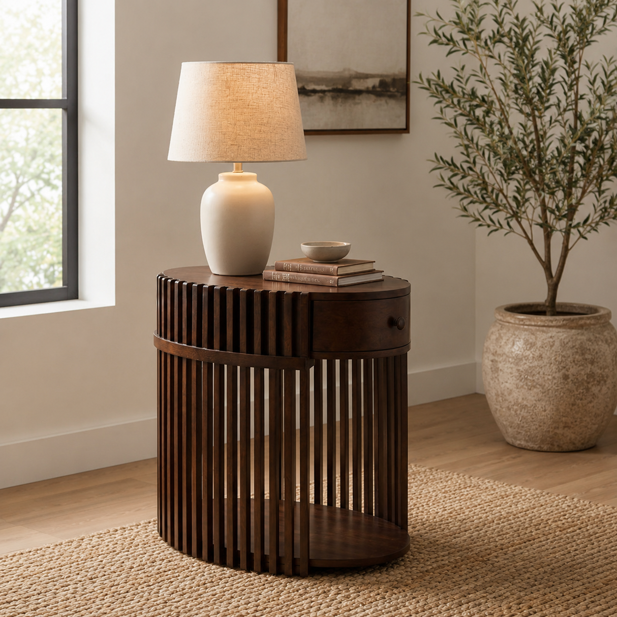 Solid Teak Wood Round Side Table with Drawer