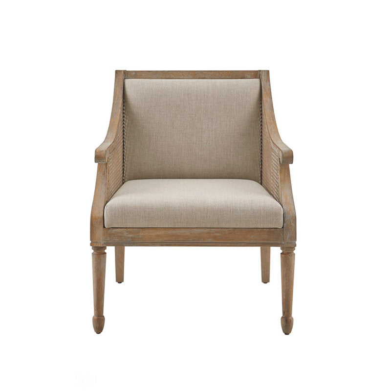 Handcrafted teak wood accent chair with natural cane sides