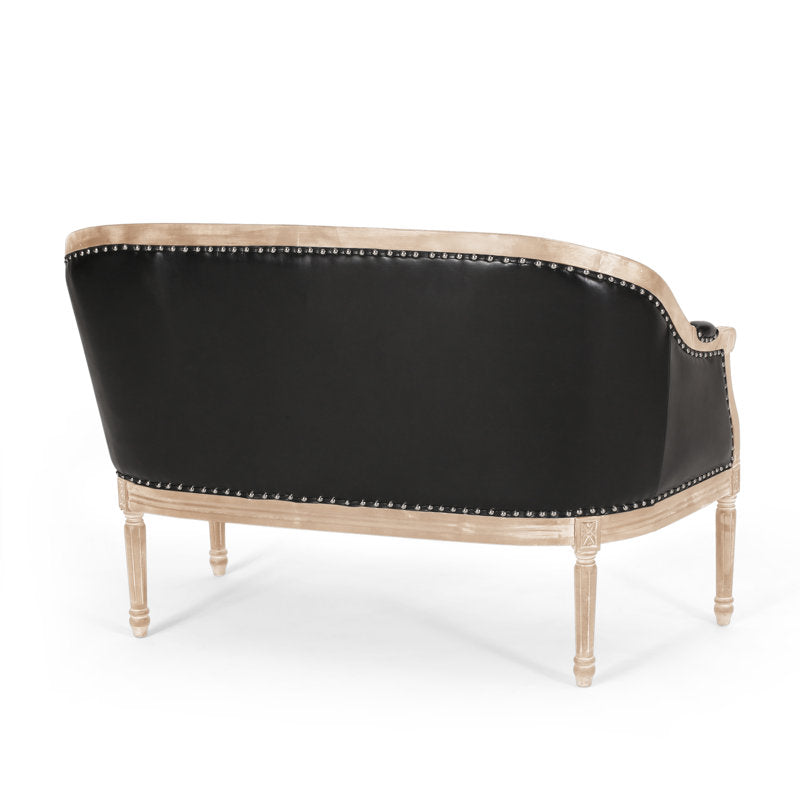 Elegant living room loveseat in black upholstery and teak wood
