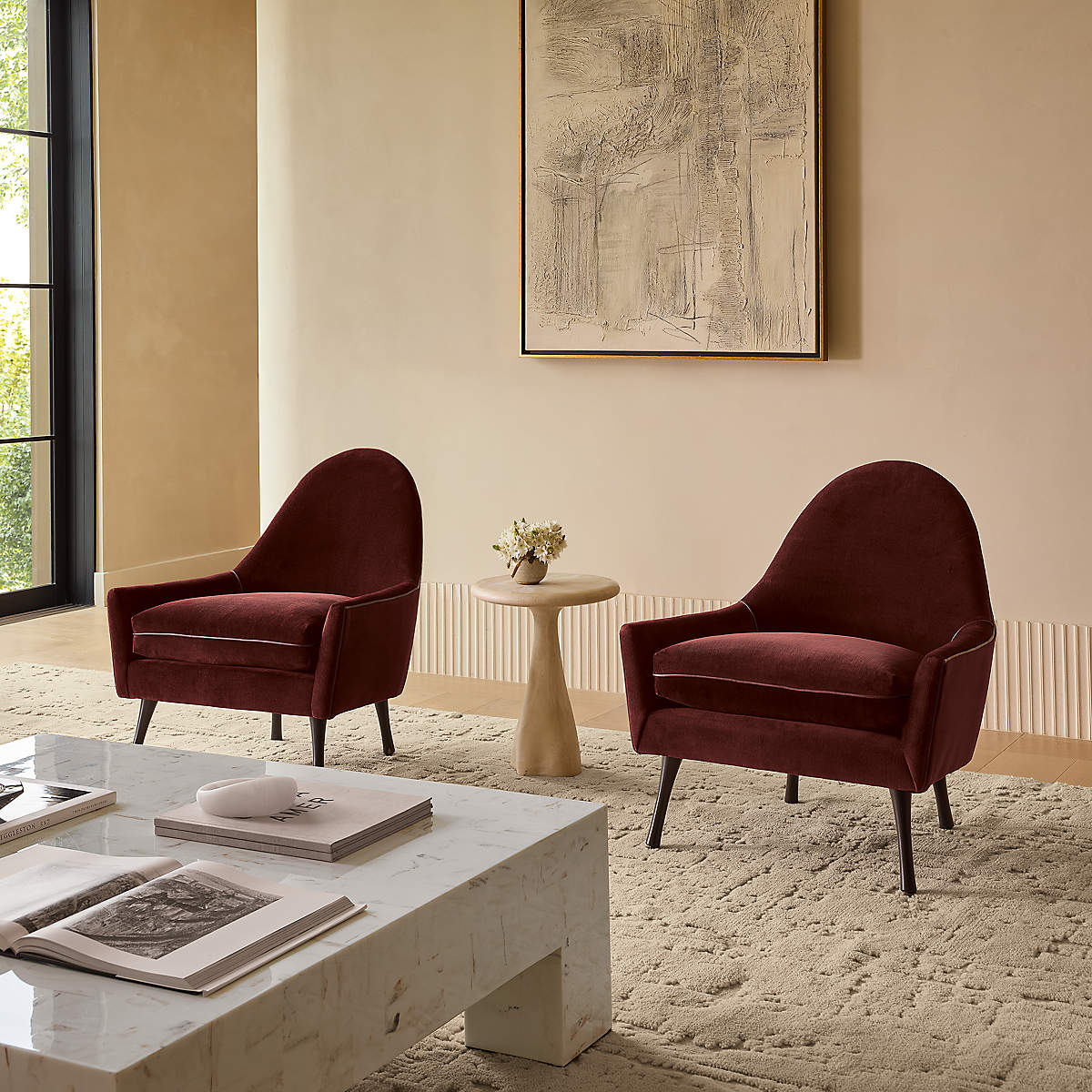 Modern burgundy velvet armchair for living room
