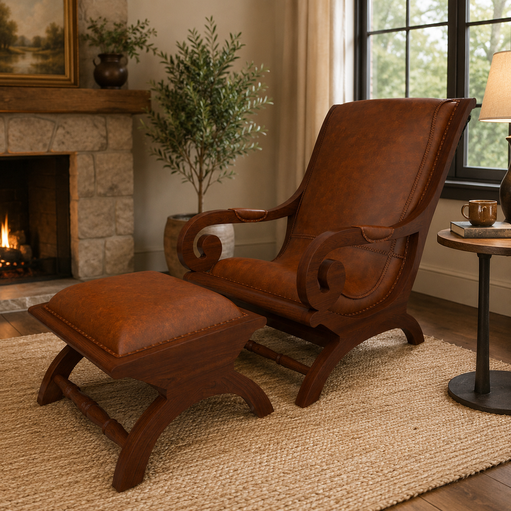 Handcrafted teak wood lounge chair with leather upholstery and footstool
