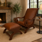 Handcrafted teak wood lounge chair with leather upholstery and footstool