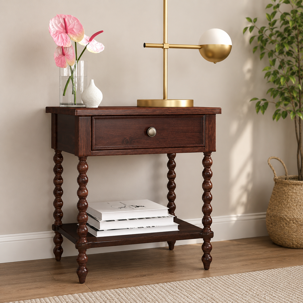 Solid teak wood bedside table with drawer and shelf