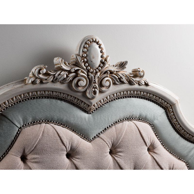Handcrafted teak wood four poster bed with tufted headboard