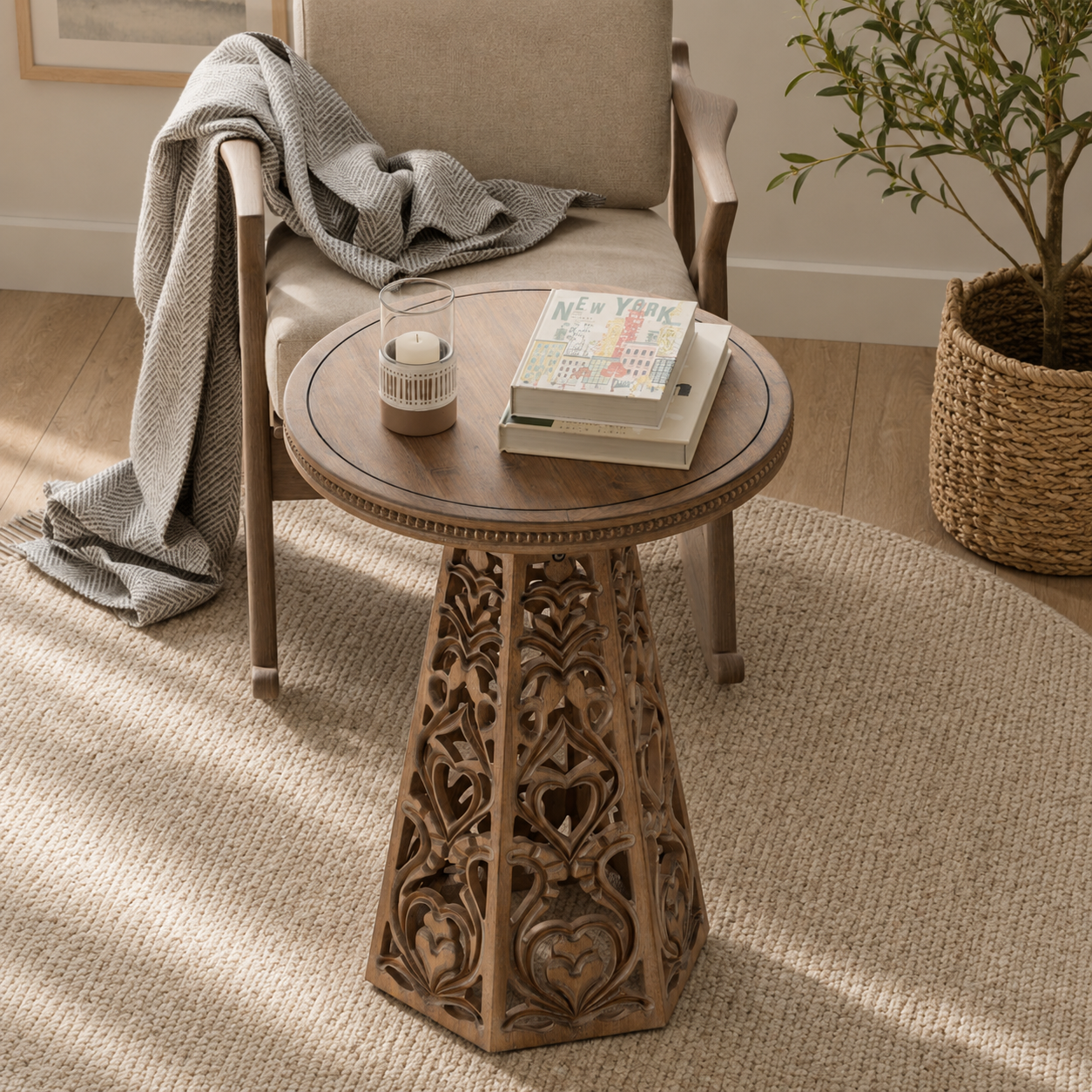 Handcrafted solid teak wood round side table with carved pedestal base
