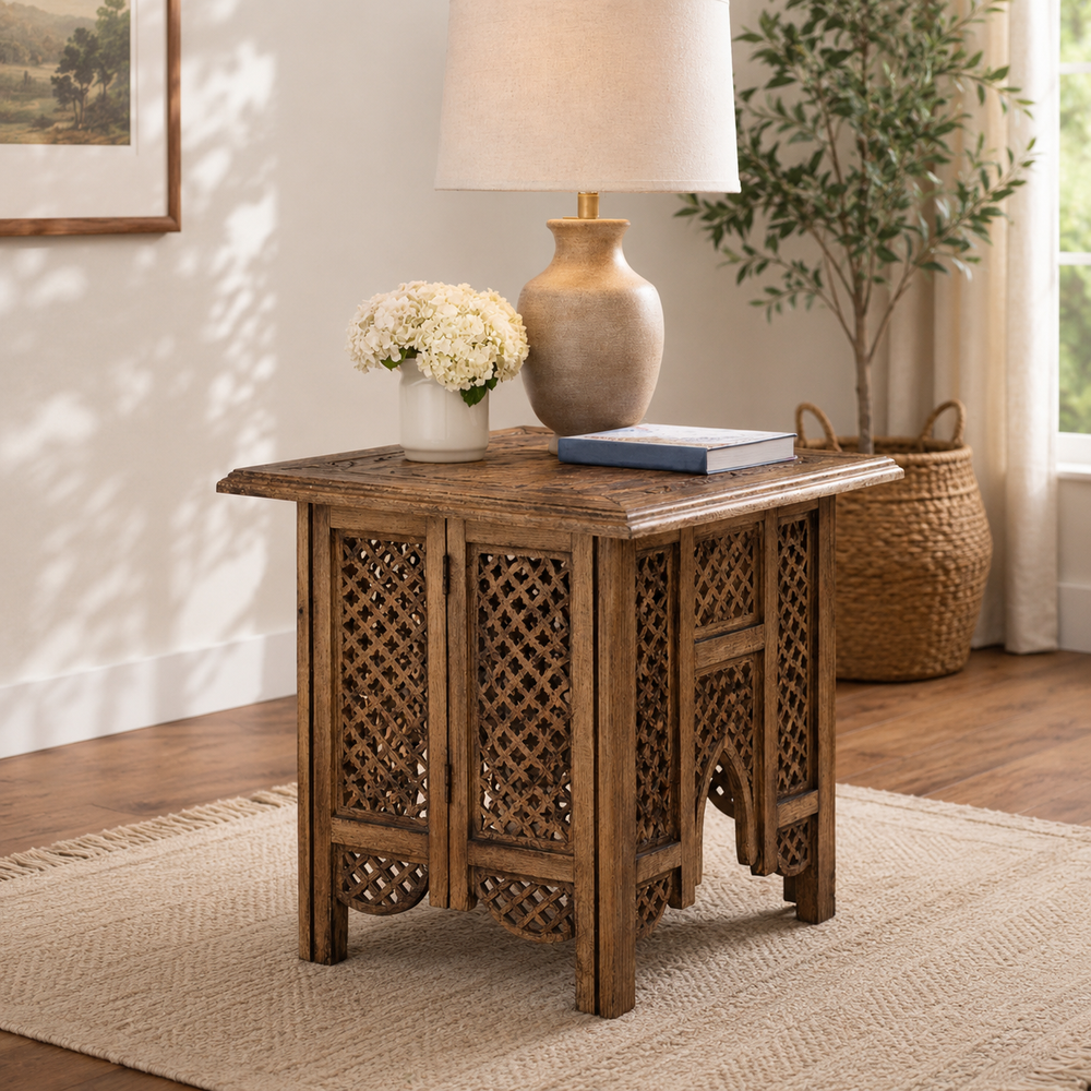 Handcrafted solid teak wood carved side table for living room