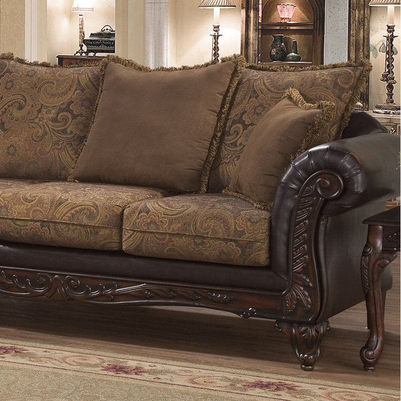 Premium teak wood upholstered sofa with designer cushions
