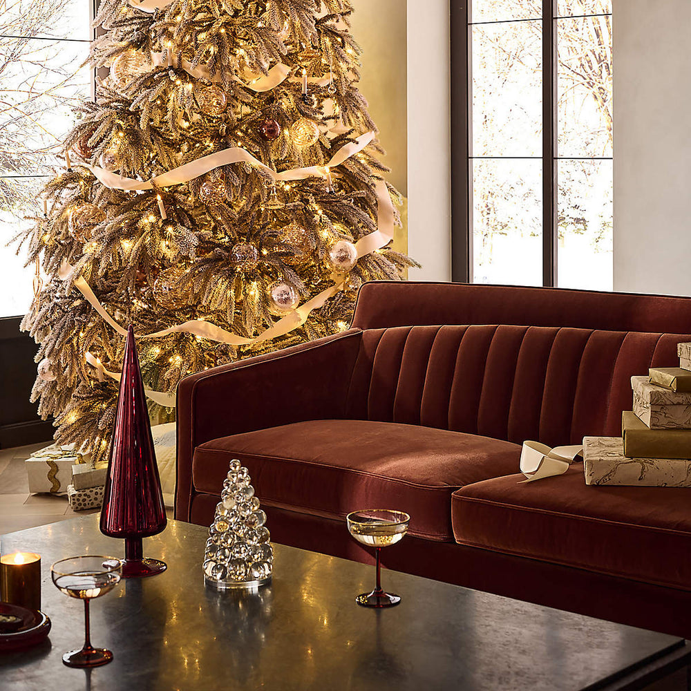 Designer brown velvet sofa with solid teak wood frame