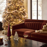 Designer brown velvet sofa with solid teak wood frame