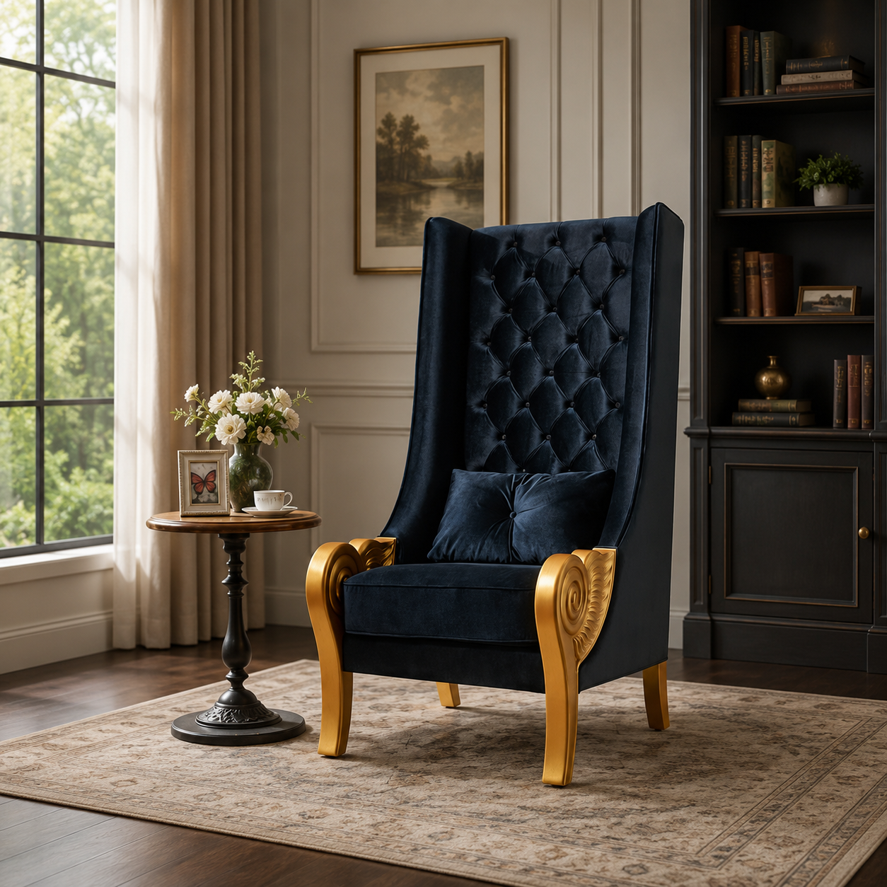 Luxury black velvet wingback chair with solid teak wood frame by Sky Rise Decor