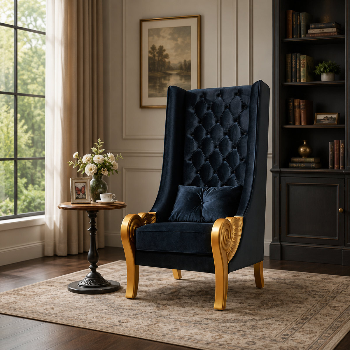Luxury black velvet wingback chair with solid teak wood frame by Sky Rise Decor