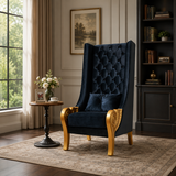 Luxury black velvet wingback chair with solid teak wood frame by Sky Rise Decor