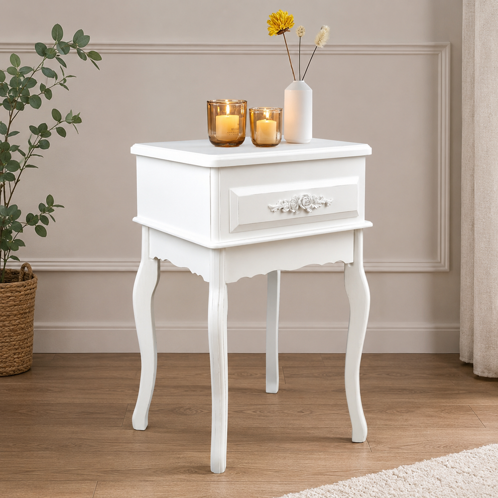 White solid teak wood bedside table with drawer
