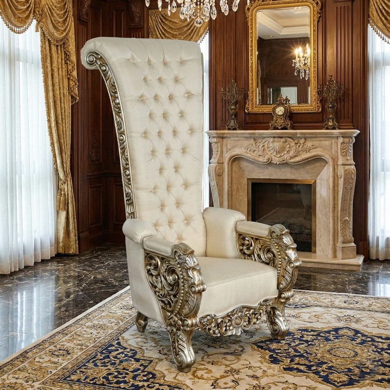 High back upholstered teak wood throne chair
