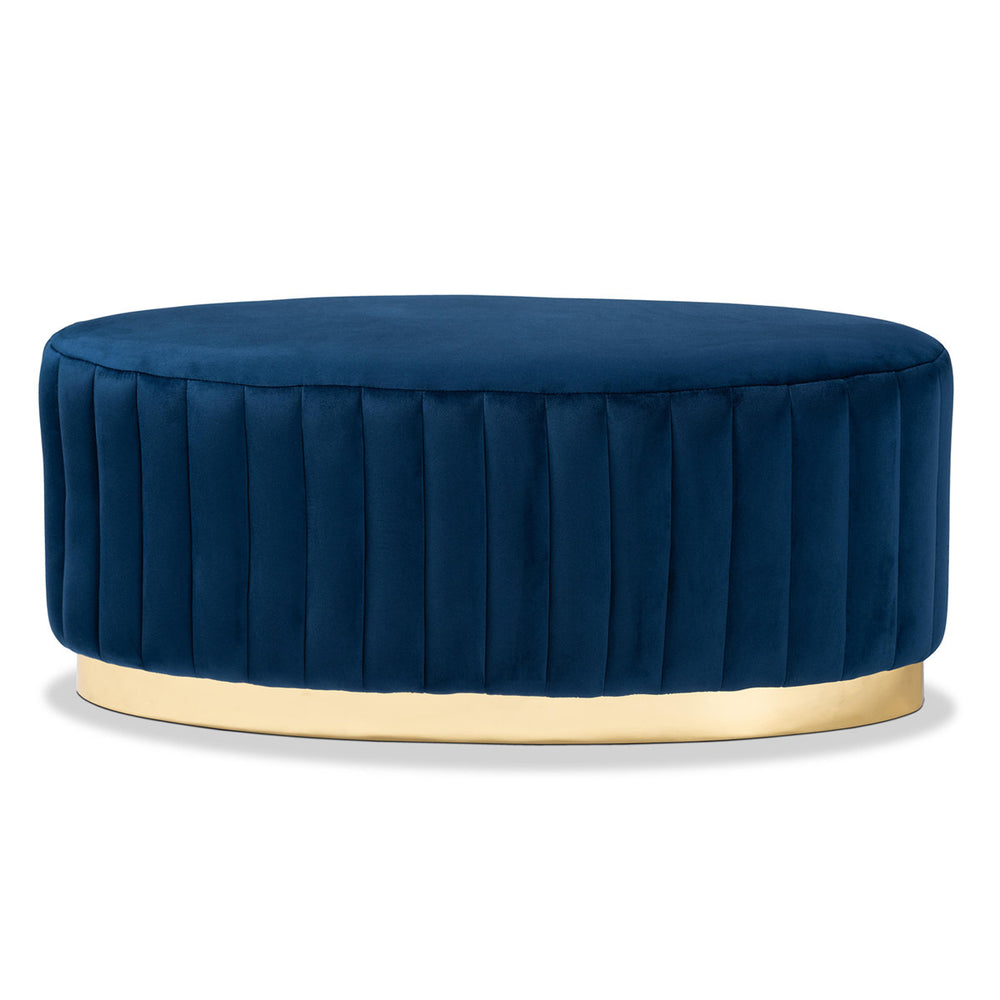 Teak wood framed velvet ottoman with gold metal finish