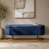 Luxury navy blue velvet storage bench with gold metal legs