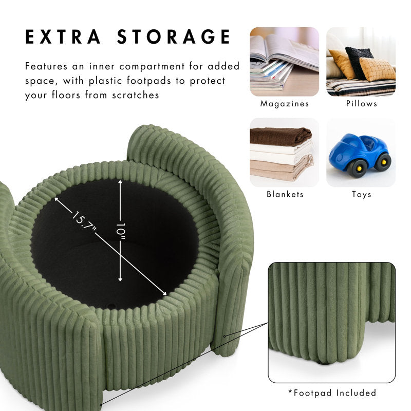 Elegant upholstered storage stool with wooden top