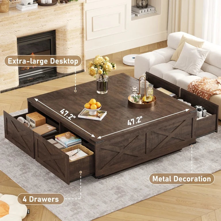 Dark wood rustic coffee table with hidden storage compartments
