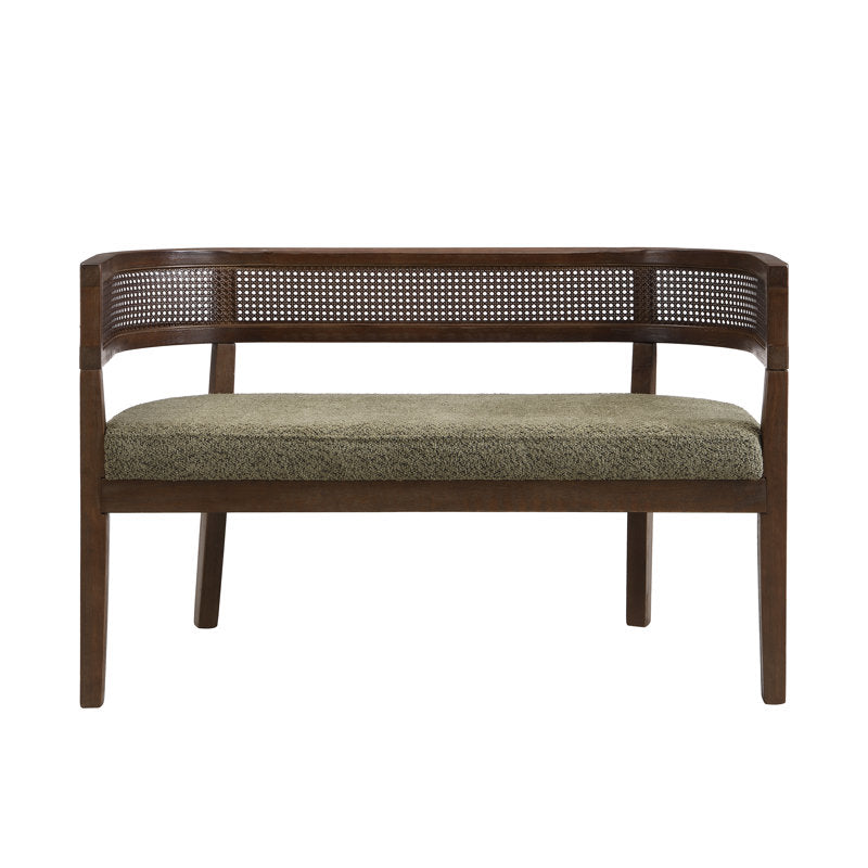 Luxury Teak Wood 2 Seater Sofa Chair with Boucle Fabric Upholstery & Cane Back | Designer Wooden Sofa