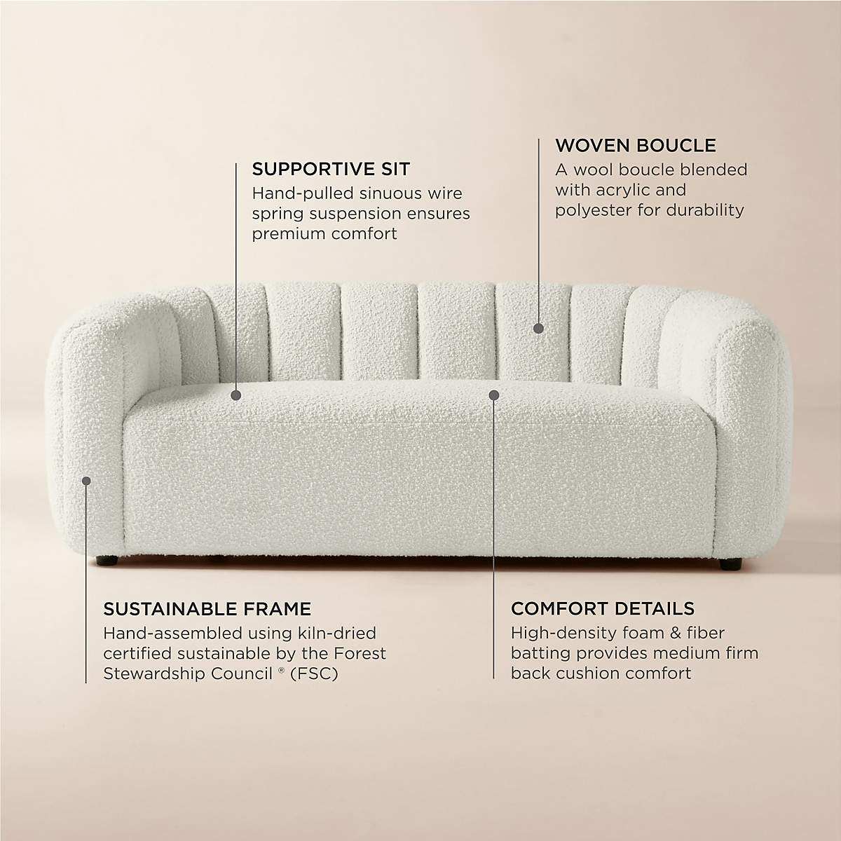Modern luxury sofa with curved silhouette and bouclé finish