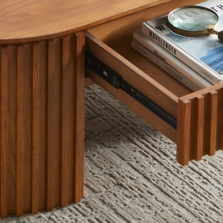 Japandi walnut coffee table with curved fluted design