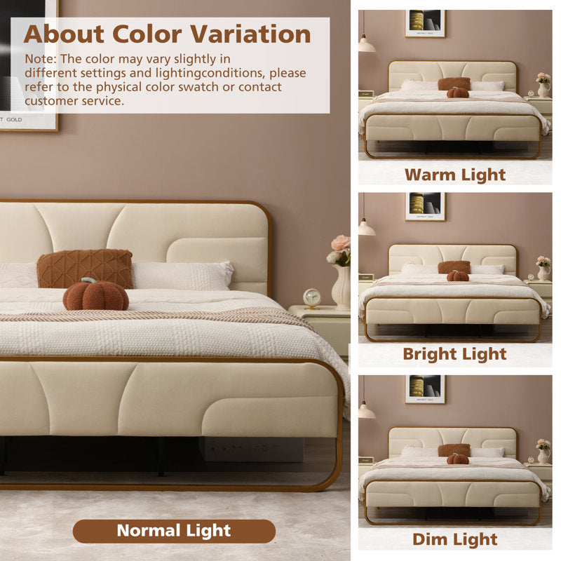 Modern cream upholstered bed with headboard