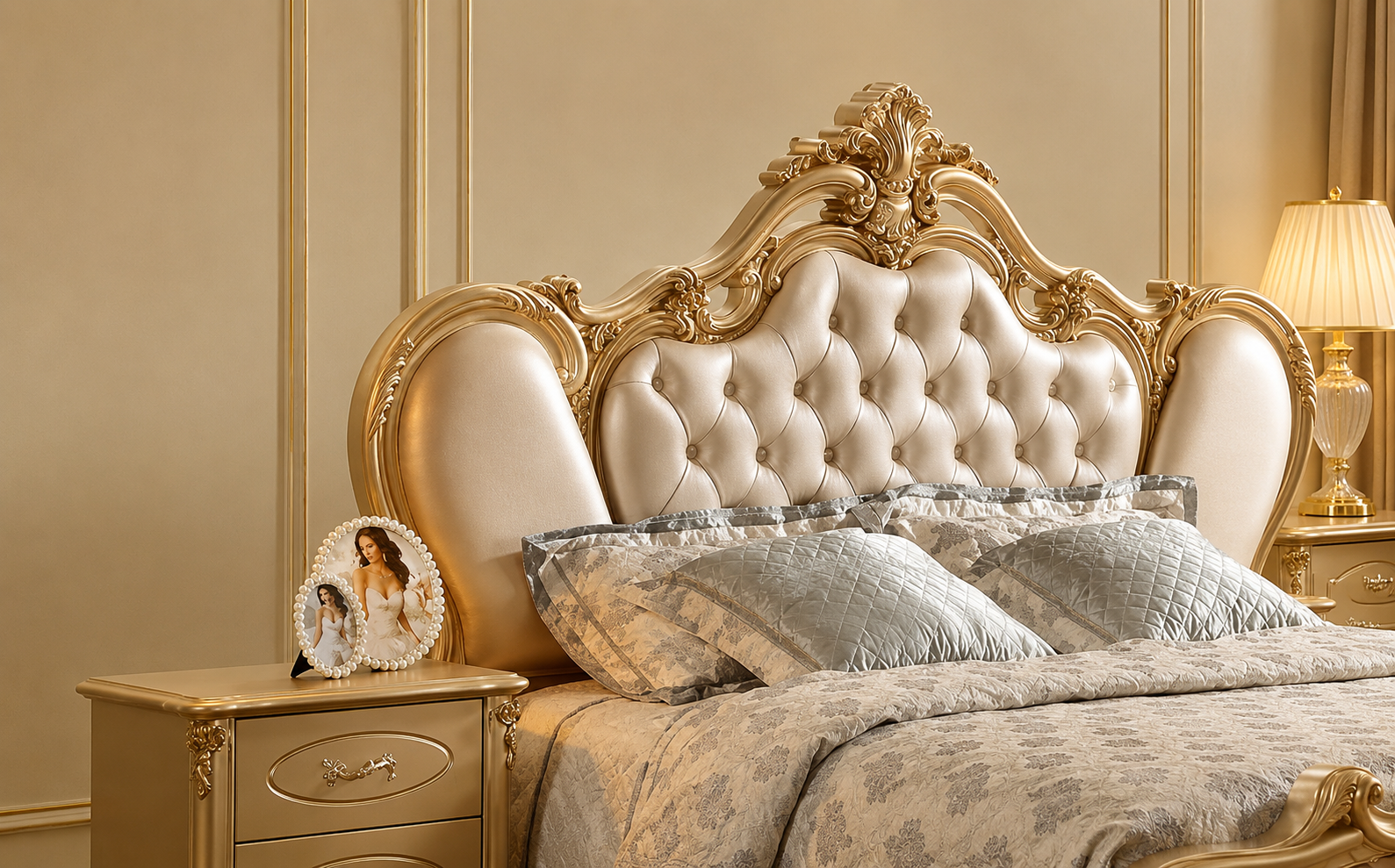 Luxury upholstered king bed teak wood frame