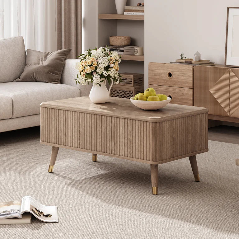 Lift-top coffee table for laptop and living room use